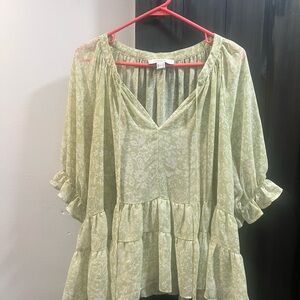 Forever 21 Boho style Green Ruffled shirt with Tiered Sleeves